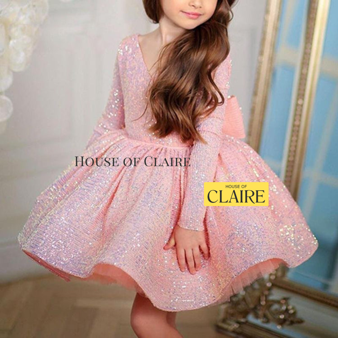 Luxury Best Seller Pastel Pink Princess Sequin full sleeve Ball Gown HOUSE OF CLAIRE