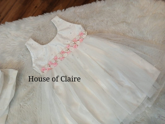 White Baptism Dress with Baby Pink Floral Embroidery on Waist - House of Claire Baptism dress Bangalore india