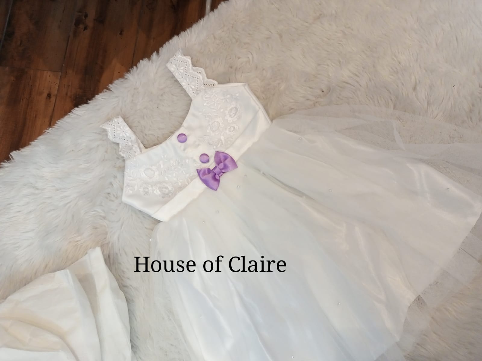 House of Claire - White baptism dress with cute purple bow in front for girls - elegant christening attire for baby girl baptism dress in Bangalore India