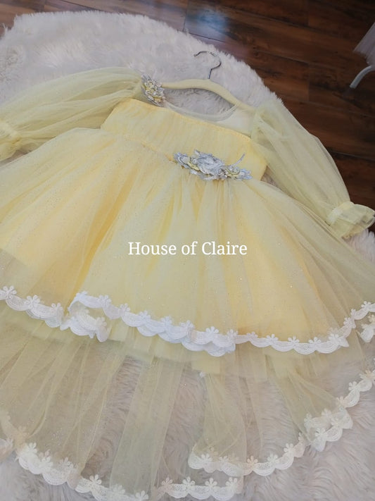 Fluffy Lime Yellow Baby Girl's First Birthday Gown - Elegant Party Wear dress for 1-Year-Olds