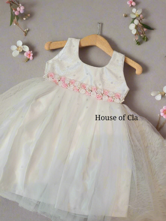 White Baptism Dress with Baby Pink Floral Embroidery on Waist - House of Claire