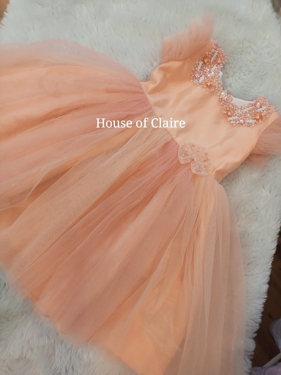 Orange Peach Party wear dress for baby girls for Birthday by House of Claire Best selling Children's kids party wear dress in India 