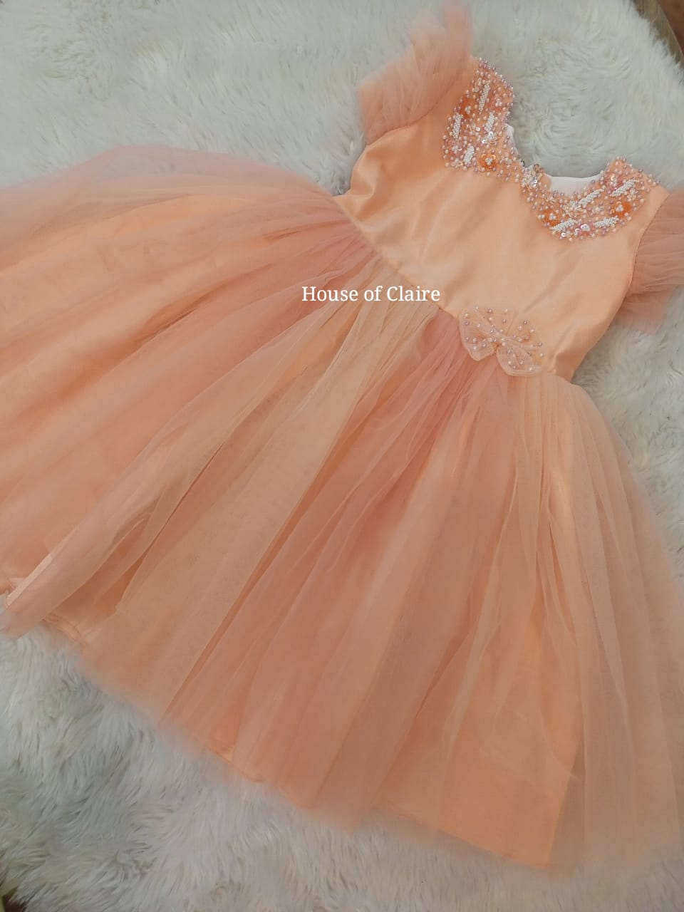 Orange Peach Party wear dress for baby girls for Birthday by House of Claire Best selling Children's kids party wear dress in India 